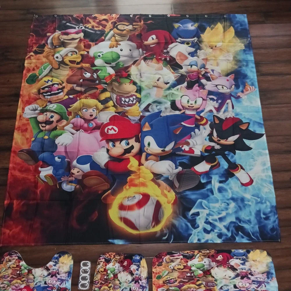Super Mario Sonic the Hedgehog Bathroom Set Shower Curtain Rugs 4pc Gaming Decor